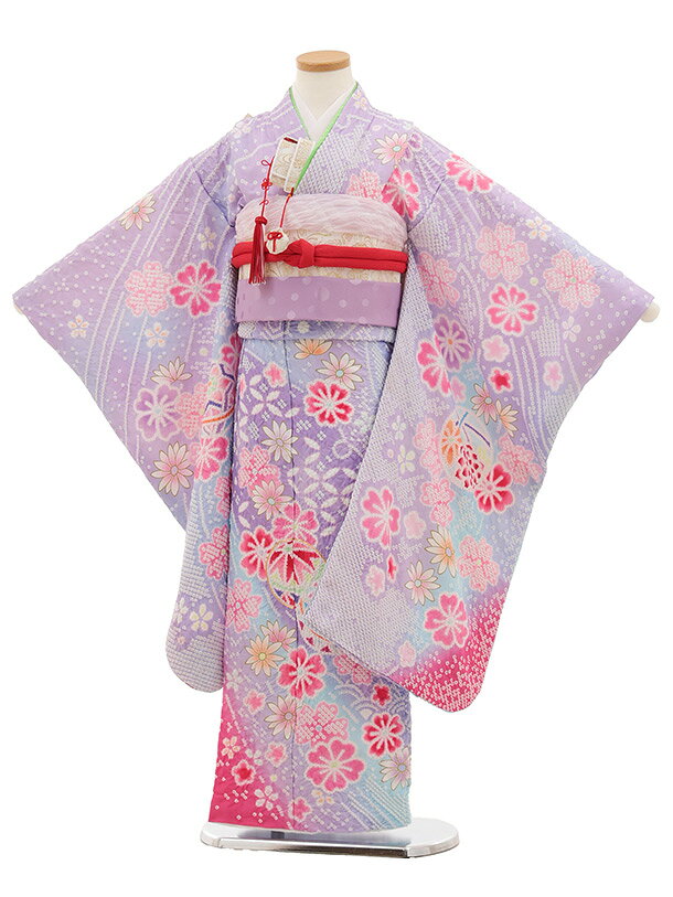 【レンタル】着物 七五三(7歳結び帯)Y652 パープル 桜 まり 7歳 結び帯 フルセット...