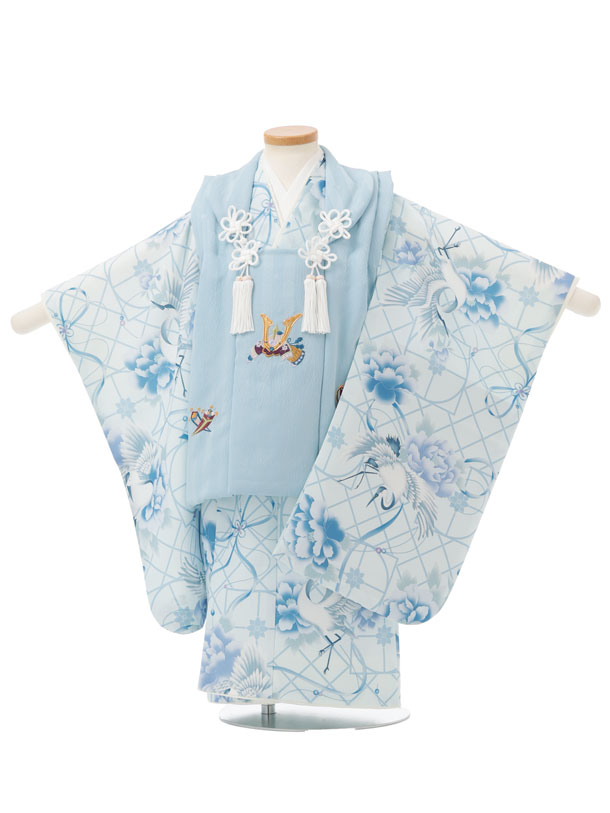 【レンタル】着物 七五三レンタル(3歳男児被布)W651 水色 刺繍兜 × ペールブルー ...