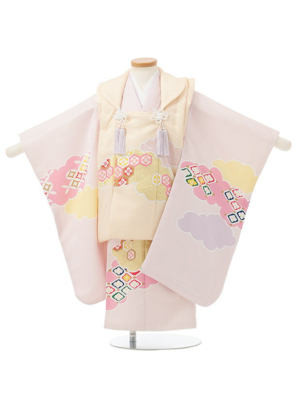 【レンタル】着物 七五三(3歳女児被布)S282 卵色×ピンク 雲取り 3歳 被布 フルセッ...
