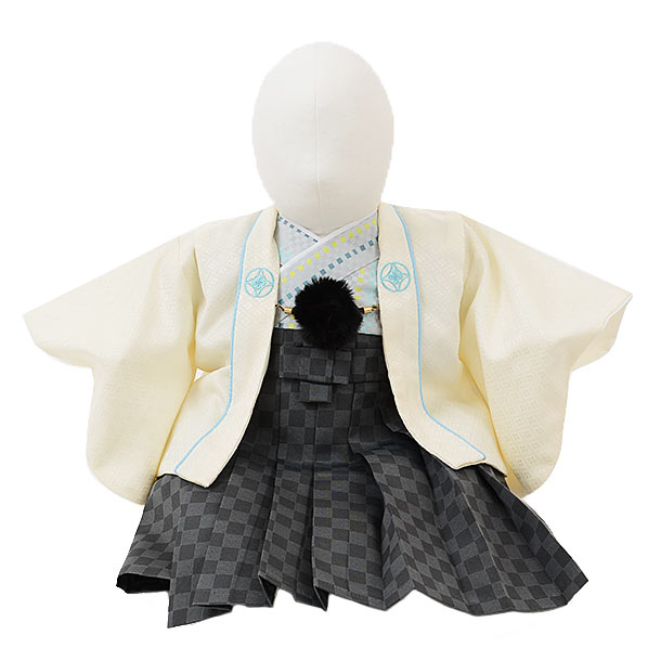 【ベビー着物 レンタル 着物 1歳】レンタル ベビー着物 1歳 セット|貸衣装|ベビー着物 レンタル0058 オフ白/市松羽織袴セット/一体型 1歳男の子|☆新品足袋プレゼント☆|子供|きもの|レンタル|1歳セット|往復送料無料