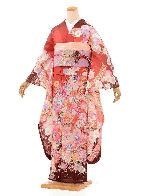 Rakuten - 【レンタル】【夏 振袖】【夏ふり】絽振袖レンタル900 赤地のしめ花〔サマー〕〔結婚式〕〔フルセット〕〔rental〕〔振り袖〕〔往復送料無料〕〔新品足袋プレゼント〕〔女性和服〕〔きもの レンタル〕〔rental〕〔ポリエステル〕夏物