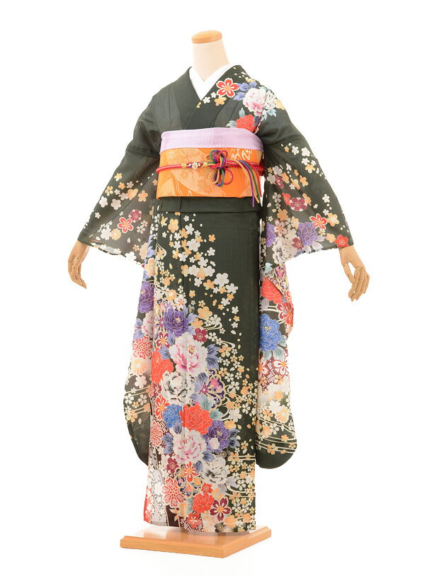Rakuten - 【レンタル】【夏 振袖】【夏ふり】絽振袖レンタル907 濃グリーン地牡丹〔サマー〕〔結婚式〕〔フルセット〕〔rental〕〔振り袖〕〔往復送料無料〕〔新品足袋プレゼント〕〔女性和服〕〔きもの レンタル〕〔rental〕〔ポリエステル〕夏物
