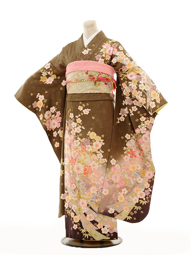 【レンタル】〔振袖〕〔貸衣装〕振袖レンタルE081 茶色に桜〔結婚〕〔卒業式〕〔フルセット〕〔rental〕〔振り袖〕〔往復送料無料〕〔新品足袋プレゼント〕〔女性和服〕〔フリソデ furisode〕〔振り袖〕〔振袖 セット〕