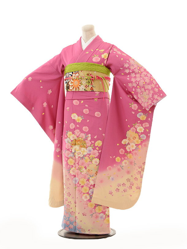 【レンタル】〔振袖〕〔貸衣装〕振袖レンタル134 ピンク裾クリーム雪輪花〔結婚〕〔卒業式〕〔フルセット〕〔rental〕〔振り袖〕〔往復送料無料〕〔新品足袋プレゼント〕〔女性和服〕〔フリソデ furisode〕〔振り袖〕〔振袖 セット〕