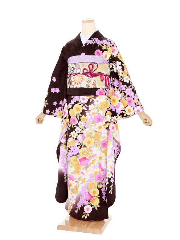 〔振袖〕〔貸衣装〕振袖レンタル281濃茶に桜模様〔結婚式〕〔卒業式〕〔フルセット〕〔rental〕〔ふりそで　フリソデ〕〔往復送料無料〕〔新品足袋プレゼント〕〔女性和服〕〔フリソデ furisode〕〔振り袖〕〔きもの レンタル〕〔rental〕〔振袖 セット〕