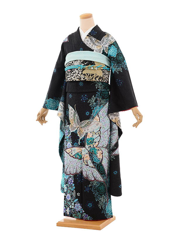 〔振袖〕〔貸衣装〕振袖レンタル684黒ラメ×グリーン蝶〔結婚式〕〔卒業式〕〔フルセット〕〔rental〕〔振り袖〕〔往復送料無料〕〔新品足袋プレゼント〕〔女性和服〕〔フリソデ furisode〕〔振り袖〕〔きもの レンタル〕〔rental〕〔振袖 セット〕fy16REN07