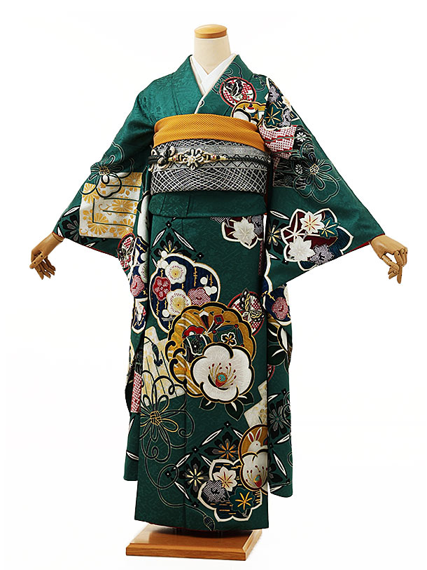 【成人式 振袖 レンタル】成人式 振袖|成人式振袖レンタル|振袖 1144　グリーン地 椿に梅|☆新品足袋プレゼント☆|振袖レンタル|成人式 振袖|レンタル 振袖|正絹|振袖 セット|振袖フルセット|成人式 レンタル|rental|貸衣装|