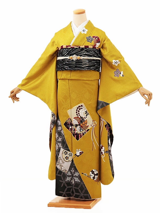【 振袖 レンタル】 振袖|振袖レンタル|振袖 1240　からし色　七宝　色紙|☆新品足袋プレゼント☆|振袖レンタル| 振袖|レンタル 振袖|正絹|振袖 セット|振袖フルセット| レンタル|rental|貸衣装|