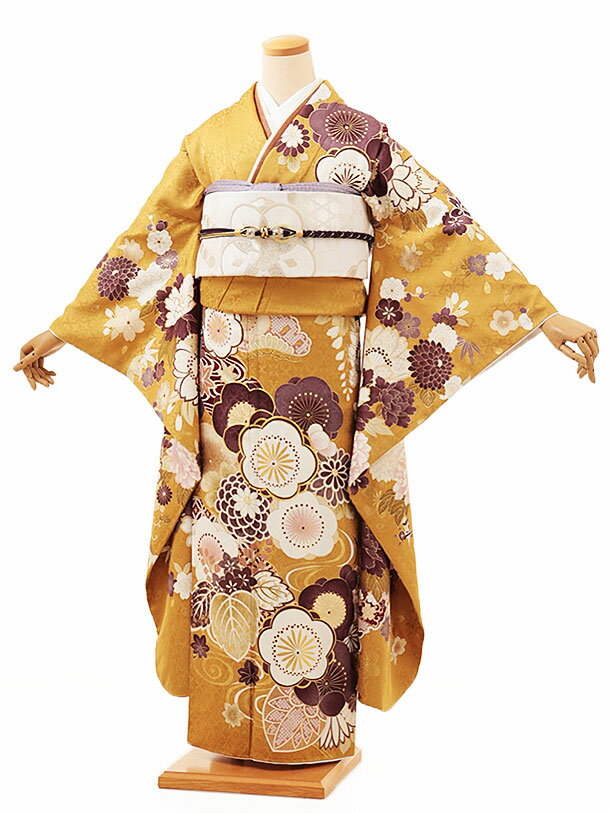 【 振袖 レンタル】 振袖|振袖レンタル|振袖 1247　金茶色　流水　梅菊桐|☆新品足袋プレゼント☆|振袖レンタル| 振袖|レンタル 振袖|正絹|振袖 セット|振袖フルセット| レンタル|rental|貸衣装|