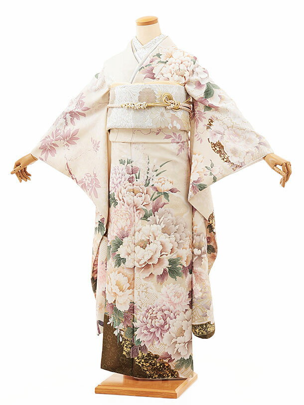【 振袖 レンタル】振袖レンタル1334　薄ベージュ 乱菊に牡丹|☆新品足袋プレゼント☆|振袖レンタル| 振袖|レンタル 振袖|正絹|振袖 セット|振袖フルセット| レンタル|rental|貸衣装|