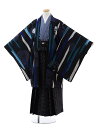 〔卒業式 袴 レンタル 男〕小学生 卒業式 袴 レンタル 男の子〔卒業式袴セット 小学生〕ジュニア袴男児Z145 九重 黒 ラメ ストライプ紋x黒袴〔12歳男の...