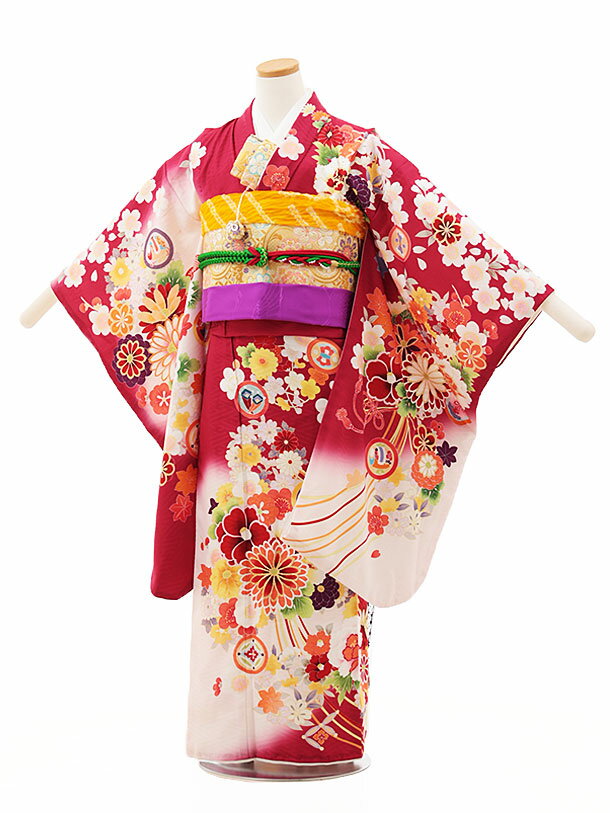 【ジュニア着物レンタル】女の子 振袖 ジュニア着物Z403 バーガンディ ぼかし薬玉 十三参り 小学校 卒業式 着物 子供 二分の一成人式 10歳 11歳 12歳 13歳 新品足袋プレゼント 往復送料無料【レンタル】