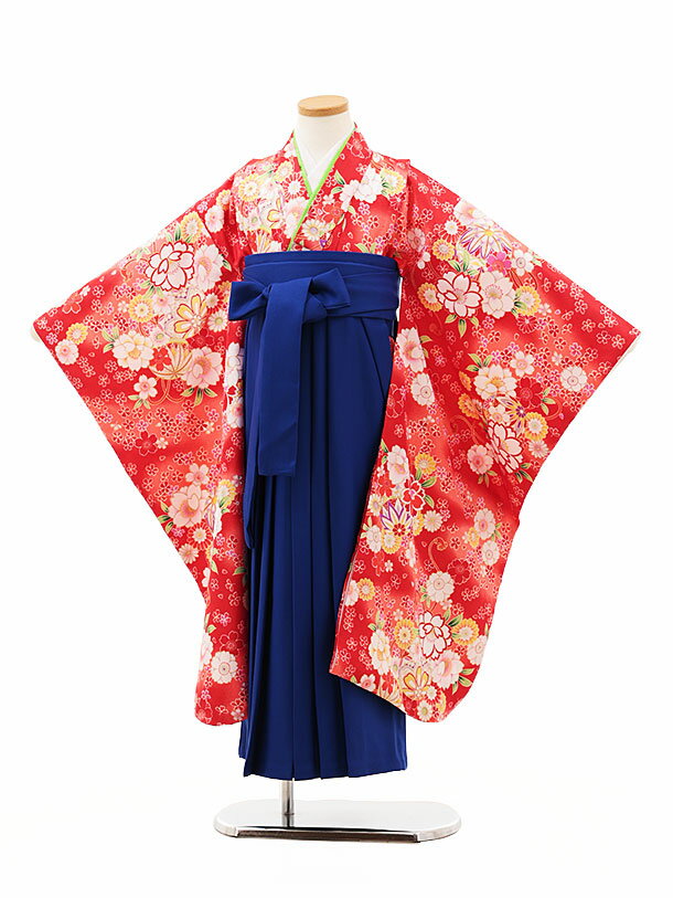 【レンタル】女児袴レンタル(7歳)Y342 赤地 鞠 桜×ブルー袴 7歳女の子 七五三 袴 お祝い着 卒園式 卒業式 7才 きものレンタル〔往復送料無料〕