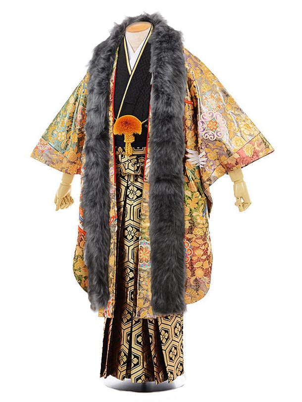 〔レンタル 紋付き袴 袴レンタル男 成人式 卒業式レンタル男性用袴men0057ゴールド地 鳳凰×黒地 紗綾型 紋服〔成人式 袴 レンタル 男 〔結婚式 〔メン...