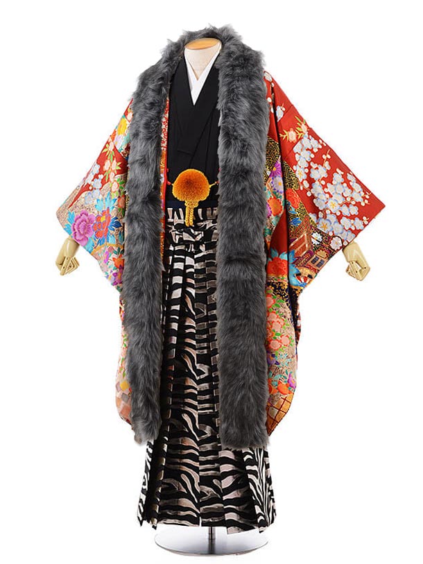 成人式 レンタル 紋付き袴 男袴 成人式レンタル 男性用袴 men0069 赤 御所車に牡丹 黒地に風 紋服 メンズ袴 フルセット 往復送料無料 羽織袴レンタル...