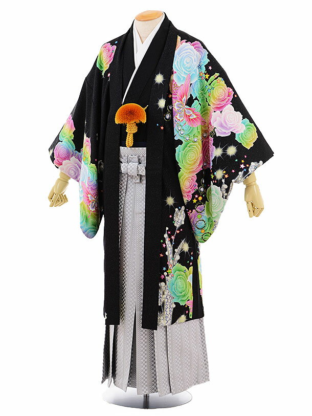 〔レンタル 紋付き袴 袴レンタル男 成人式 卒業式レンタル男性用袴men0056黒地 ラメ レインボーローズ〔成人式 袴 レンタル 男 〔結婚式 〔メンズ袴 〔...