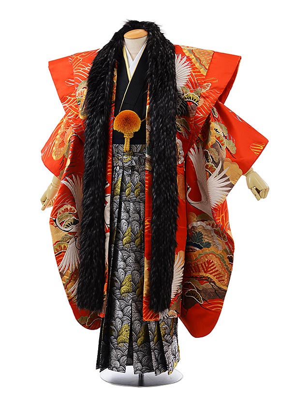 【レンタル】(男性袴 レンタル)〔レンタル 紋付き袴 〔成人式 レンタル 男性用袴レンタル1AF0165赤地松に鶴×黒シルバー波袴(L)〔成人式 袴 レンタル ...