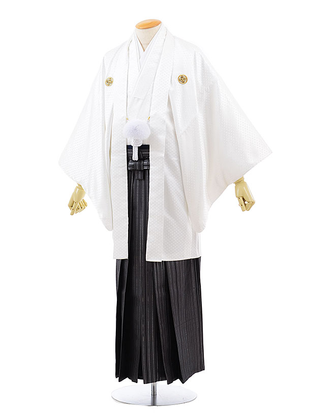 【レンタル】(男性袴 レンタル)〔レンタル 紋付き袴 〔成人式 レンタル 男性用袴レンタル1AF0180 白 紋付x 黒シルバー 縞袴(L)/170〜175〔成...