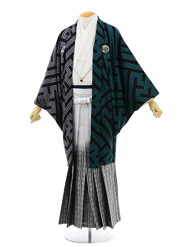 【レンタル】(男性袴 レンタル)〔レンタル 紋付き袴 〔成人式 レンタル 男性用袴レンタル1AF0182 緑 x グレー 紗綾型 x 白黒縞袴(LL)〔成人式 ...
