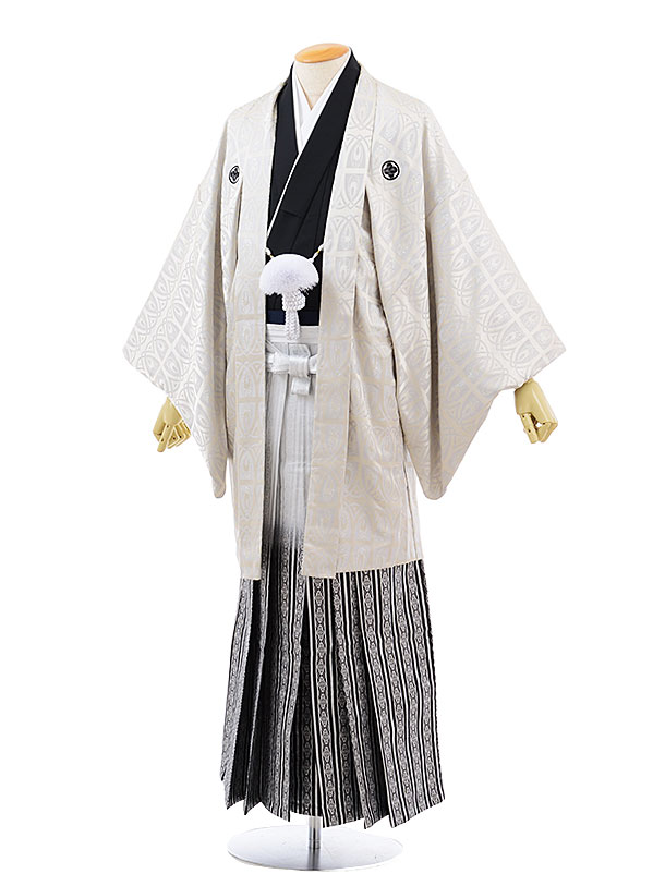 【レンタル】(男性袴 レンタル)〔レンタル 紋付き袴 〔成人式 レンタル 男性用袴レンタル1AF0183 アイボリー ラメ x白黒縞袴(LL)/175〜180〔...