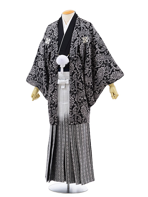 【レンタル】(男性袴 レンタル)〔レンタル 紋付き袴 〔成人式 レンタル 男性用袴レンタル1AF0184 黒地 ペイズリーx白黒縞袴(LL)/175〜180〔成...