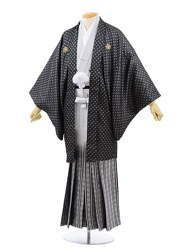 【レンタル】(男性袴 レンタル)〔レンタル 紋付き袴 〔成人式 レンタル 男性用袴レンタル1AF0185 黒 シルバー ラメx白黒縞袴(LL)/175~180〔成人式 袴 レンタル 男 〔結婚式 〔メンズ袴 〔新郎袴 〔成人式 〔フルセット 【往復送料無料】