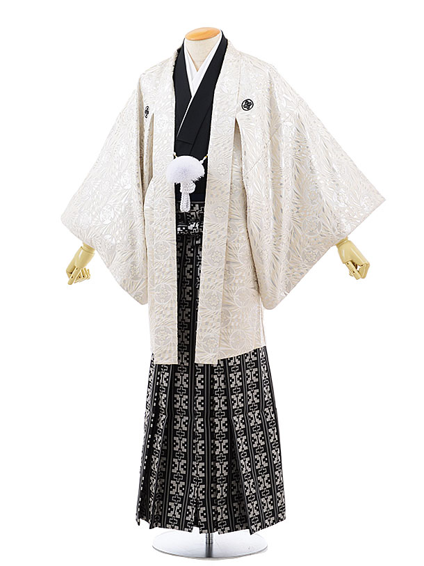 【レンタル】(男性袴 レンタル)〔レンタル 紋付き袴 〔成人式 レンタル 男性用袴レンタル1AF0197 白シルバー x黒グレー 袴(LL)/175〜180〔成...