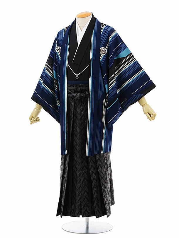 【レンタル】(男性袴 レンタル)〔レンタル 紋付き袴 〔成人式 レンタル 男性用袴レンタル1AF0200 ブルー 矢羽根 x 黒 茶 袴(S)/160〜165〔...