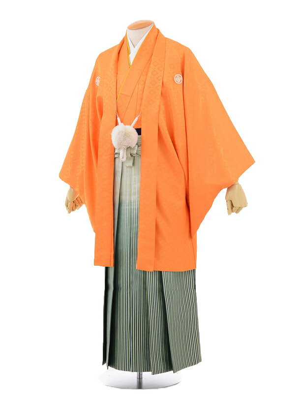 【レンタル】(男性袴 レンタル)〔レンタル 紋付き袴 〔成人式 レンタル 男性用袴レンタル1AFD017 オレンジ紋付×グリーンシルバー袴〔成人式 袴 レンタル...