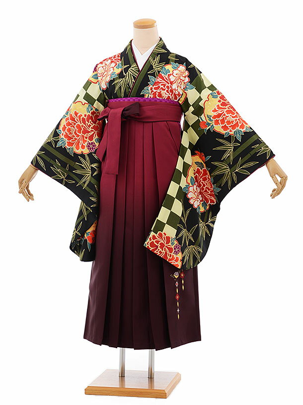 卒業式 袴 レンタル 女 女性 レンタル 卒業袴レンタル h656 黒地 市松 ぼたん x ローズ袴 卒業式袴セット 着物 レンタル 二尺袖 着物 袴 フルセット 女性 大人 大学生 専門学生 卒業式 謝恩会 新品足袋プレゼント 往復送料無料【レンタル】