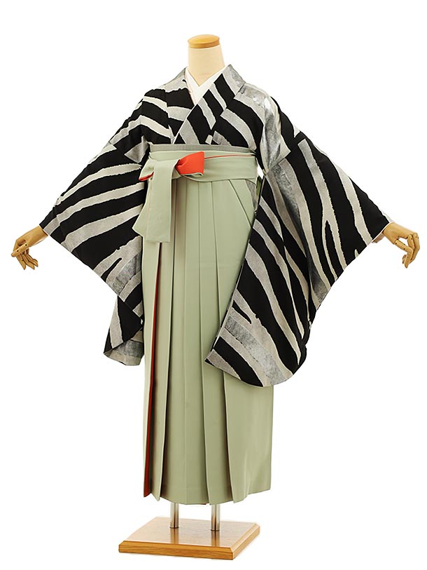 卒業式 袴 レンタル 女 女性 レンタル 卒業袴レンタル h891 モダンアンテナ Zebra(シマウマ)白黒×モスグリーン ブランド 卒業式袴セット 二尺袖 着物 袴 フルセット 女性 大人 大学生 専門学生 卒業式 謝恩会 新品足袋プレゼント 往復送料無料【レンタル】