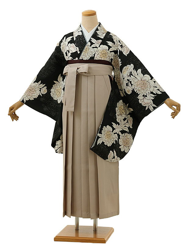 卒業式 袴 レンタル 女 女性 レンタル 卒業袴レンタル h1325 黒芍薬xベージュ 着物 レンタル 二尺袖 着物 袴 フルセット 女性 大人 大学生 専門学生 卒業式 謝恩会 新品足袋プレゼント 往復送料無料【レンタル】