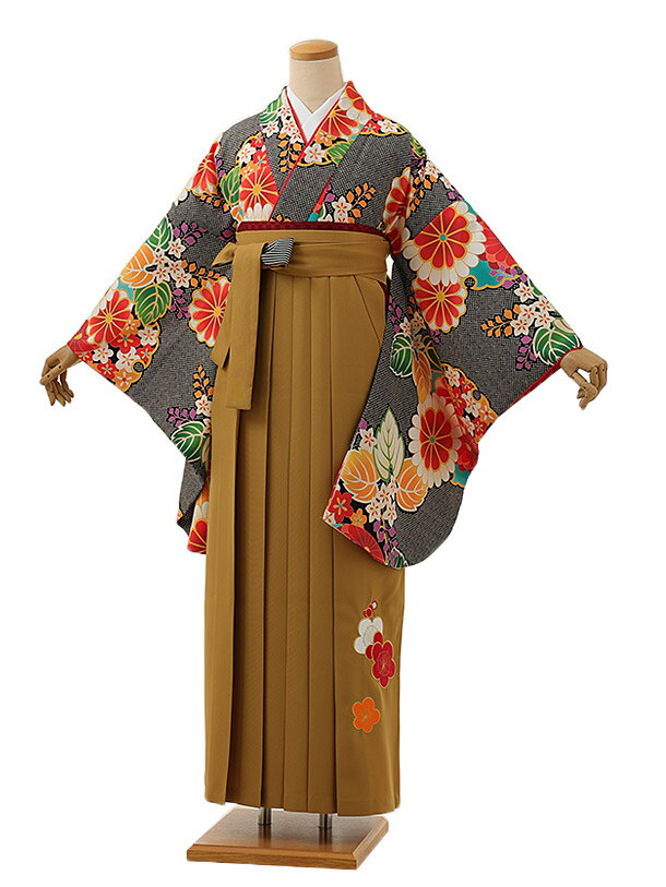 卒業式 袴 レンタル 女 女性 レンタル 卒業袴レンタル h1388 黒疋田柄桐菊x金茶 着物 レンタル 二尺袖 着物 袴 フルセット 女性 大人 大学生 専門学生 卒業式 謝恩会 新品足袋プレゼント 往復送料無料【レンタル】