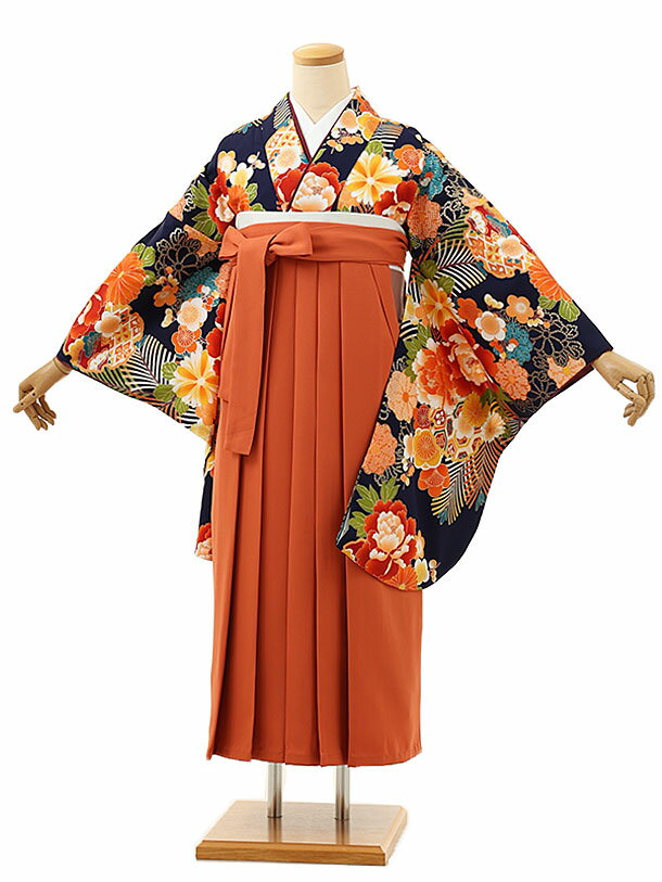 卒業式 袴 レンタル 女 女性 レンタル 卒業袴レンタル h1483紺地四季花xオレンジ 着物 レンタル 二尺袖 着物 袴 フルセット 女性 大人 大学生 専門学生 卒業式 謝恩会 新品足袋プレゼント 往復送料無料【レンタル】