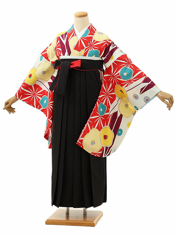 卒業式 袴 レンタル 女 女性 レンタル 卒業袴レンタル h1681　赤白矢柄根椿×黒赤 着物 レンタル 二尺袖 着物 袴 フルセット 女性 大人 大学生 専門学生 卒業式 謝恩会 新品足袋プレゼント 往復送料無料【レンタル】