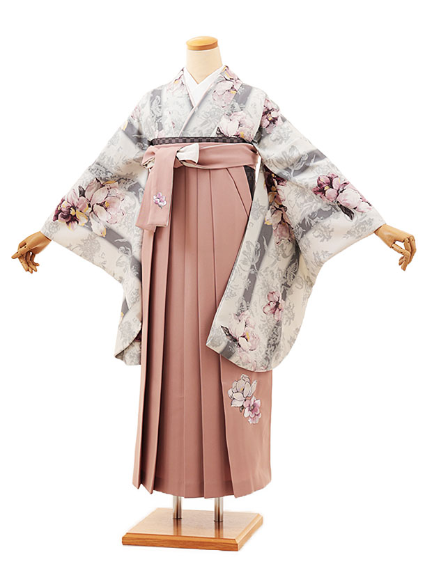 卒業式 袴 レンタル 女 女性 レンタル 卒業袴レンタル h1736　SUGAR KEI 白グレー×ピンク ブランド 着物 レンタル 二尺袖 着物 袴 フルセット 女性 大人 大学生 専門学生 卒業式 謝恩会 新品足袋プレゼント 往復送料無料【レンタル】