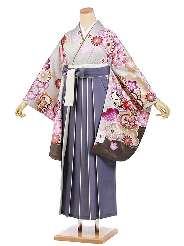 卒業式 袴 レンタル 女 女性 レンタル 卒業袴レンタル h977 グレー地古典花×パープル袴 卒業式袴セット 着物 二尺袖 着物 袴 フルセット 女性 大人 大学生 専門学生 卒業式 謝恩会 新品足袋プレゼント 往復送料無料【レンタル】