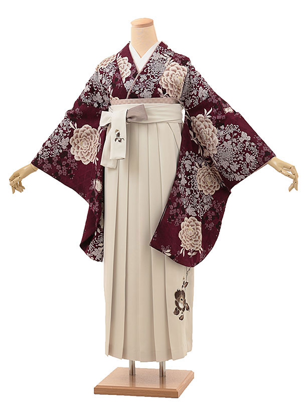 卒業式 袴 レンタル 女 女性 レンタル 卒業袴レンタル h1788 そしてゆめ 東洋牡丹(葡萄色)×椿刺繍(白) ブランド 着物 レンタル 二尺袖 着物 袴 フルセット 女性 大人 大学生 専門学生 卒業式 謝恩会 新品足袋プレゼント 往復送料無料【レンタル】