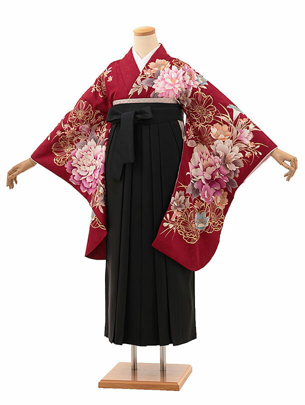 卒業式 袴 レンタル 女 女性 レンタル 卒業袴レンタル h1906 ワイン牡丹×黒 着物 レンタル 二尺袖 着物 袴 フルセット 女性 大人 大学生 専門学生 卒業式 謝恩会 新品足袋プレゼント 往復送料無料【レンタル】