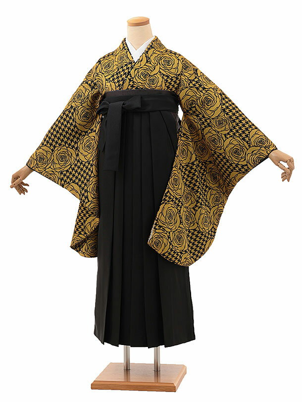 卒業式 袴 レンタル 女 女性 レンタル 卒業袴レンタル h1997 からし黒千鳥バラ×黒 着物 レンタル 二尺袖 着物 袴 フルセット 女性 大人 大学生 専門学生 卒業式 謝恩会 新品足袋プレゼント 往復送料無料【レンタル】