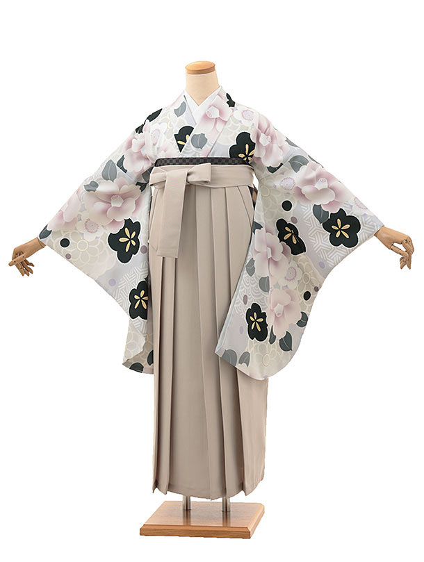 卒業式 袴 レンタル 女 女性 レンタル 卒業袴レンタル hV068　薄グレー　桜椿×ベージュ 着物 レンタル 二尺袖 着物 袴 フルセット 女性 大人 大学生 専門学生 卒業式 謝恩会 新品足袋プレゼント 往復送料無料【レンタル】