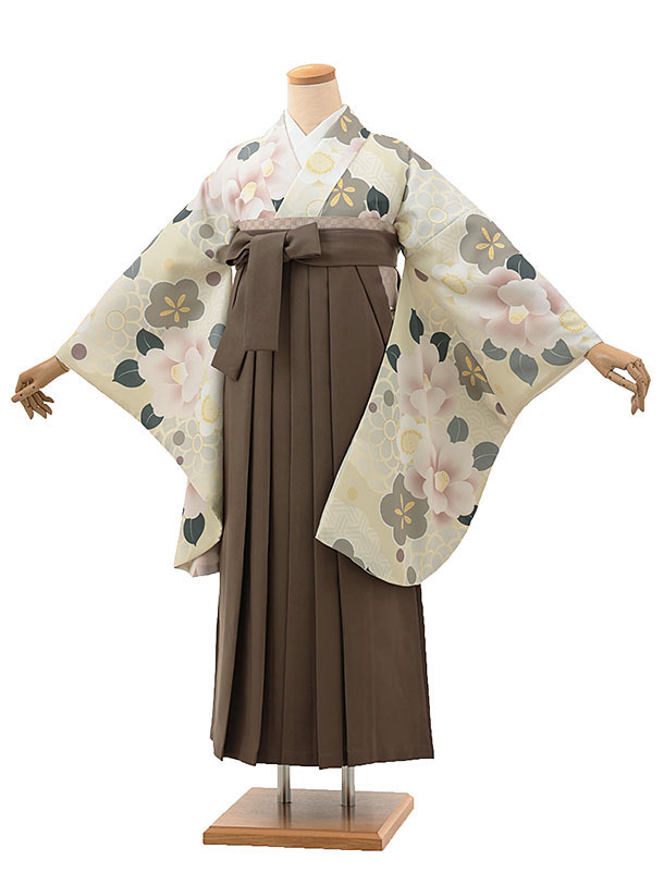 卒業式 袴 レンタル 女 女性 レンタル 卒業袴レンタル hV081　クリーム　梅 椿×ブラウン 着物 レンタル 二尺袖 着物 袴 フルセット 女性 大人 大学生 専門学生 卒業式 謝恩会 新品足袋プレゼント 往復送料無料【レンタル】