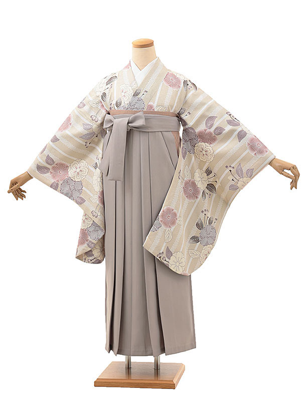 卒業式 袴 レンタル 女 女性 レンタル 卒業袴レンタル hV095　ベージュストライプ　花×グレージュ 着物 レンタル 二尺袖 着物 袴 フルセット 女性 大人 大学生 専門学生 卒業式 謝恩会 新品足袋プレゼント 往復送料無料【レンタル】