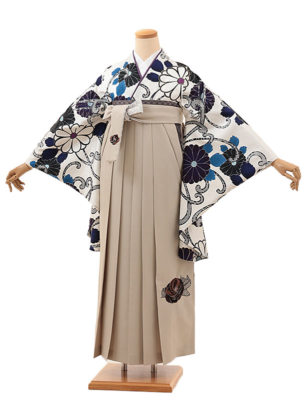 卒業式 袴 レンタル 女 女性 レンタル 卒業袴レンタル hV156【正絹】白地　菊×ベージュ 着物 レンタル 二尺袖 着物 袴 フルセット 女性 大人 大学生 専門学生 卒業式 謝恩会 新品足袋プレゼント 往復送料無料【レンタル】