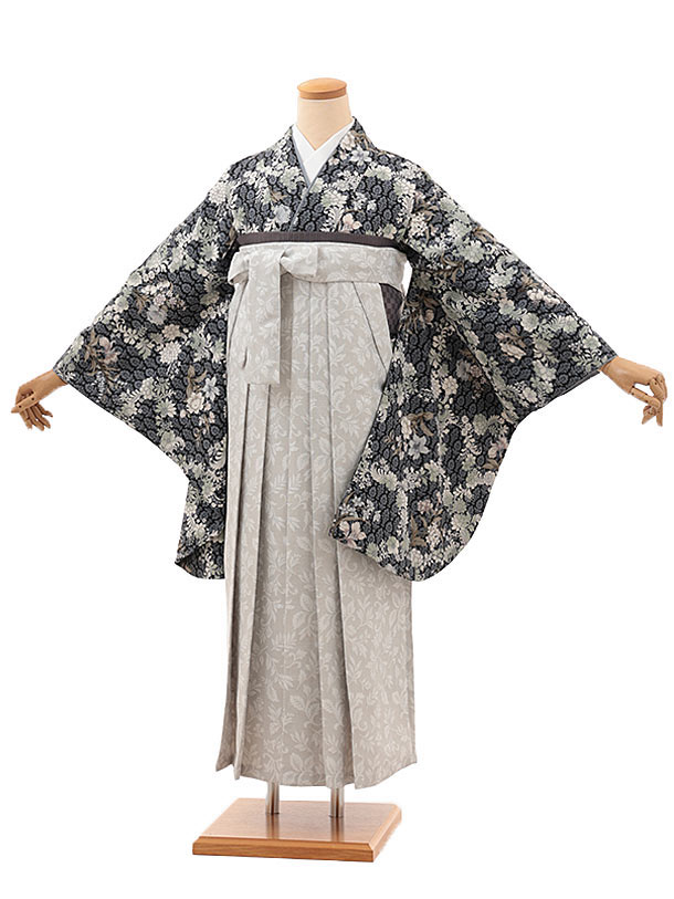 卒業式 袴 レンタル 女 女性 レンタル 卒業袴レンタル V333　紺ブルーグレー 小花×薄グレー小花 着物 レンタル 二尺袖 着物 袴 フルセット 女性 大人 大学生 専門学生 卒業式 謝恩会 新品足袋プレゼント 往復送料無料【レンタル】