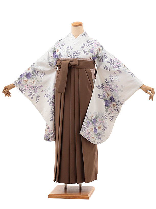 卒業式 袴 レンタル 女 女性 レンタル 卒業袴レンタル V349 白地 ブーケ×ブラウン 着物 レンタル 二尺袖 着物 袴 フルセット 女性 大人 大学生 専門学生 卒業式 謝恩会 新品足袋プレゼント 往復送料無料【レンタル】