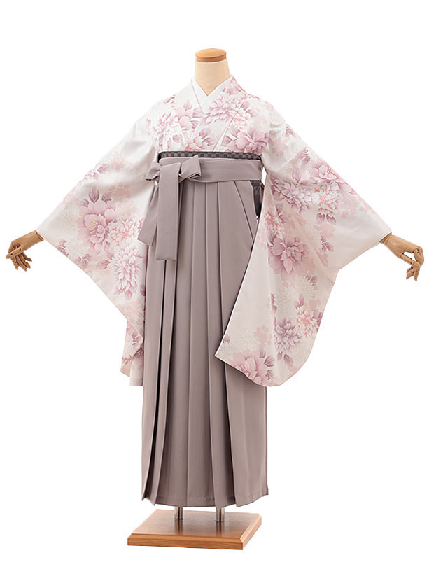 卒業式 袴 レンタル 女 女性 レンタル 卒業袴レンタル V355　白地 花×グレージュ 着物 レンタル 二尺袖 着物 袴 フルセット 女性 大人 大学生 専門学生 卒業式 謝恩会 新品足袋プレゼント 往復送料無料【レンタル】
