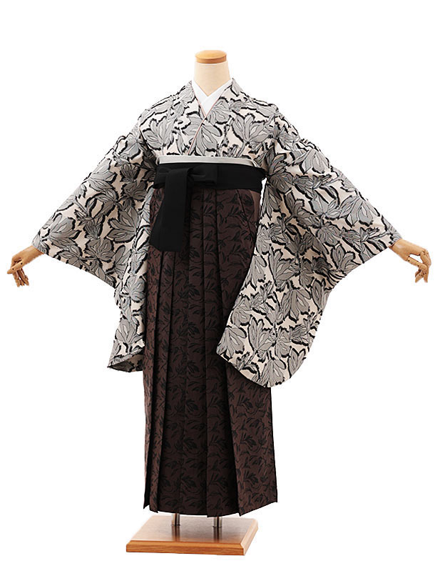 卒業式 袴 レンタル 女 女性 レンタル 卒業袴レンタル V419 ラフィネモカ 白グレージャガード×シルエットフラワー茶 着物 レンタル 二尺袖 着物 袴 フルセット 女性 大人 大学生 専門学生 卒業式 謝恩会 新品足袋プレゼント 往復送料無料【レンタル】