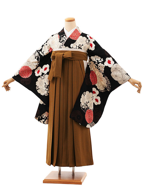卒業式 袴 レンタル 女 女性 レンタル 卒業袴レンタル V522　黒地 花づくし×キャメルブラウンコーデュロイ 着物 レンタル 二尺袖 着物 袴 フルセット 女性 大人 大学生 専門学生 卒業式 謝恩会 新品足袋プレゼント 往復送料無料【レンタル】のサムネイル