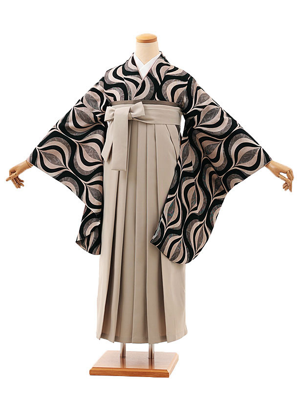 卒業式 袴 レンタル 女 女性 レンタル 卒業袴レンタル V555　黒変わり柄×ベージュ 着物 レンタル 二尺袖 着物 袴 フルセット 女性 大人 大学生 専門学生 卒業式 謝恩会 新品足袋プレゼント 往復送料無料【レンタル】